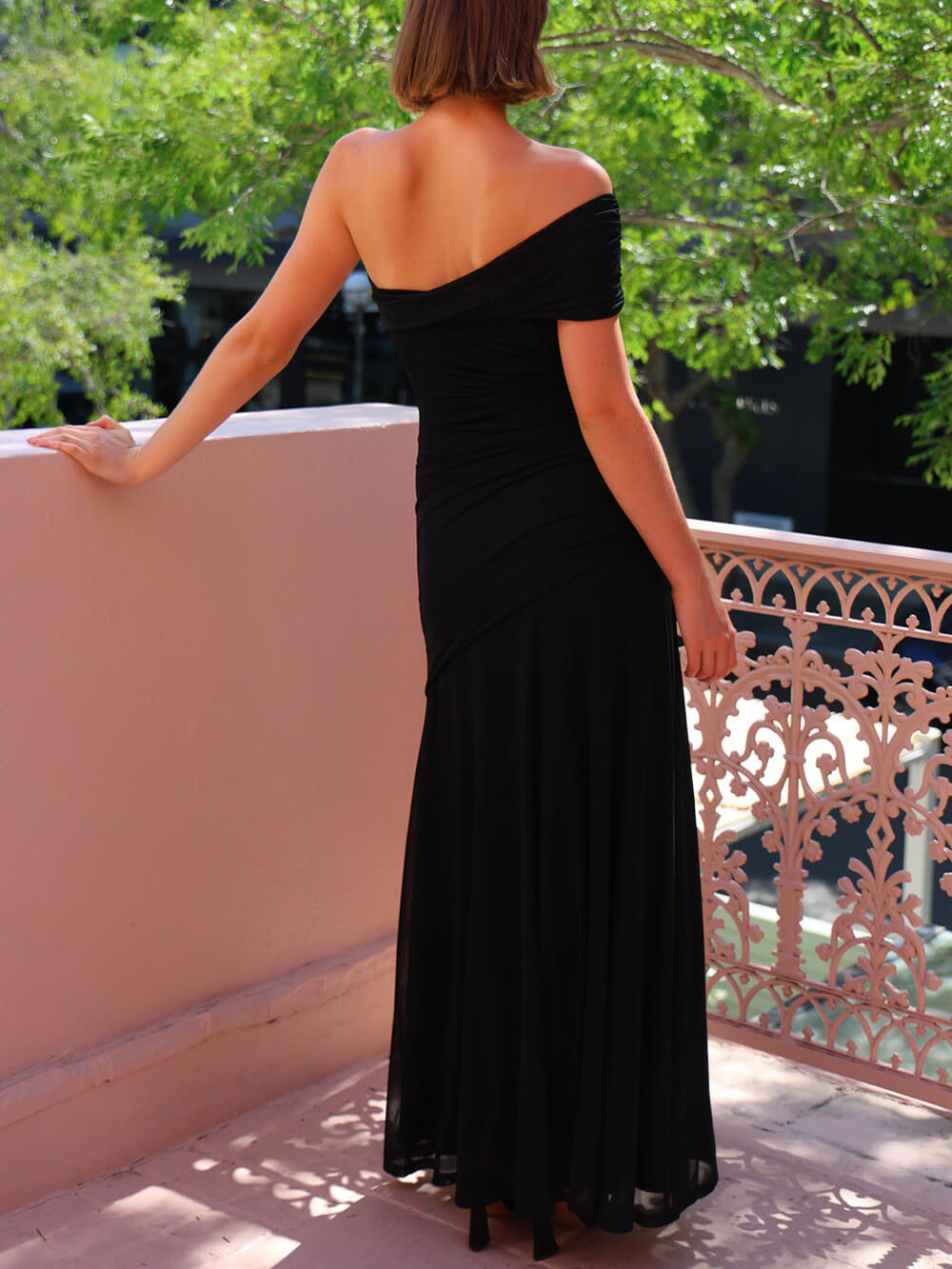 Elegance Effortless Mesh Off Shoulder Ruched Stretch Maxi Dress