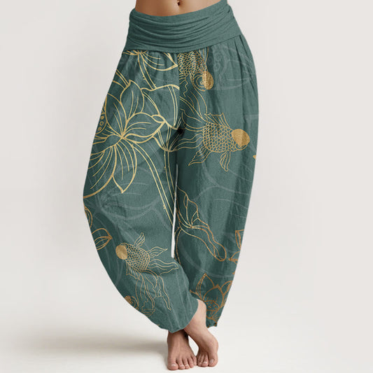 Calindra London Pure Cotton Lotus Leaf Koi Fish Women's Elastic Waist Harem Pants