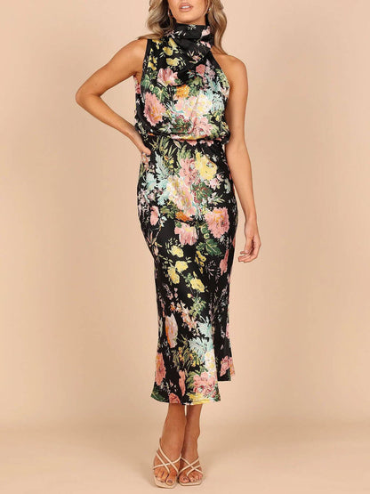Halter Neck Floral Elastic Waist Maxi Dress