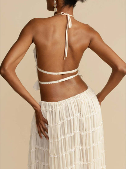 Pleated Drawstring Charm Waist Tiered Maxi Skirt